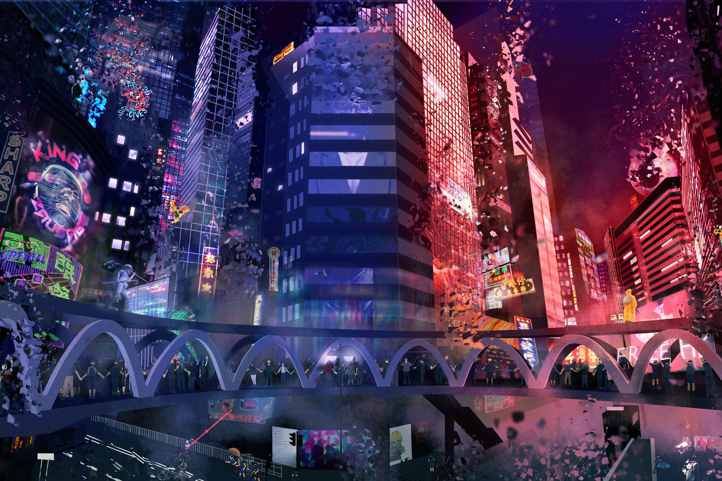 Concept art for 3 Steps to Cyber Heaven: a neon Hong Kong cityscape breaking apart, with a human chain holding hands across an arched bridge and a King Zausage sign glowing on a tower