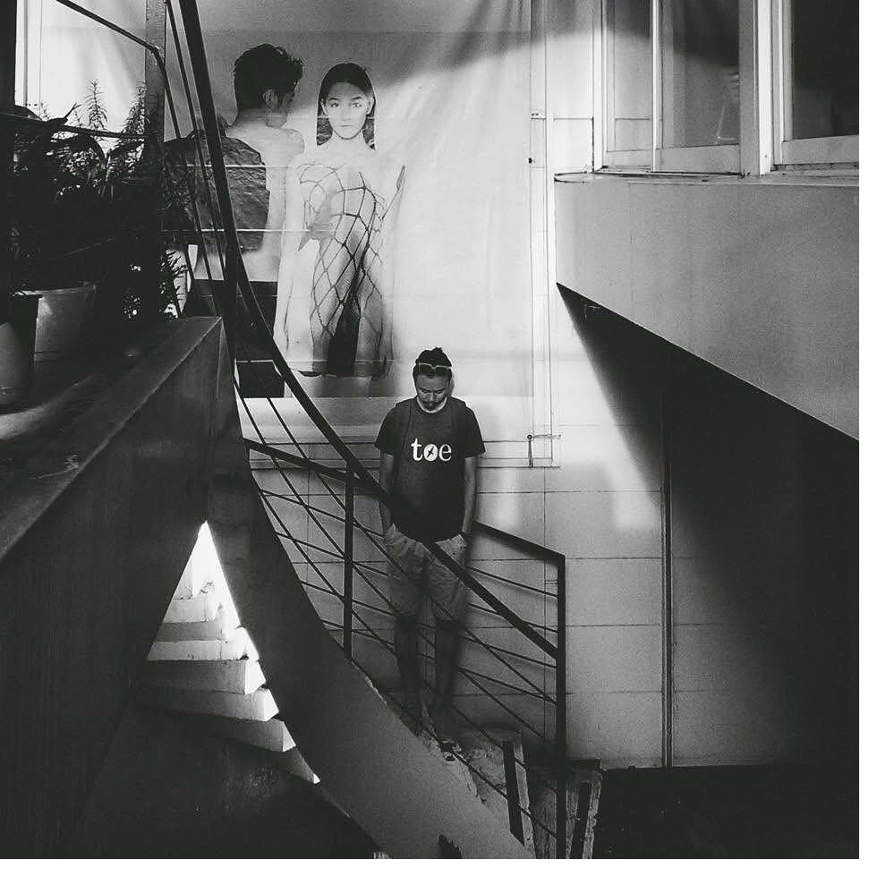 Black and white photograph on a stairwell