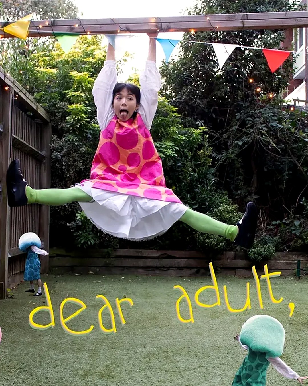 Dear Adult, dance theatre by Wency Lam, performer leaping in a garden
