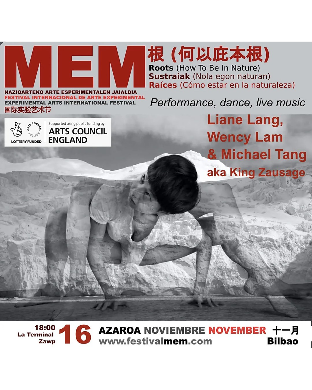 Festival MEM poster for Roots (How To Be In Nature) by Liane Lang, Wency Lam and Michael Tang aka King Zausage, supported by Arts Council England